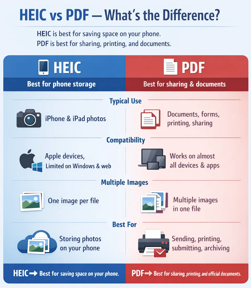 Comparison of HEIC and PDF: HEIC best for phone storage, PDF best for sharing, printing, and documents.