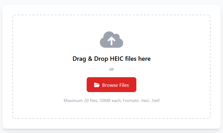 Screenshot of the HEIC to PDF upload area: drag-and-drop zone and browse button, so you know what to expect before converting.