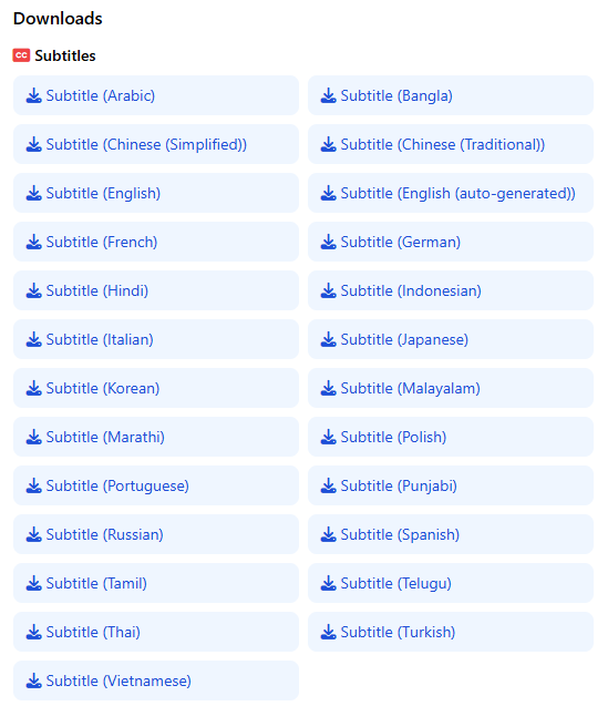 List of available subtitle languages for download